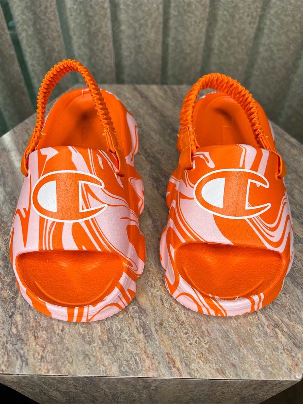Champion Kids Orange and White Marble Logo Slides with Heel Strap S-9T